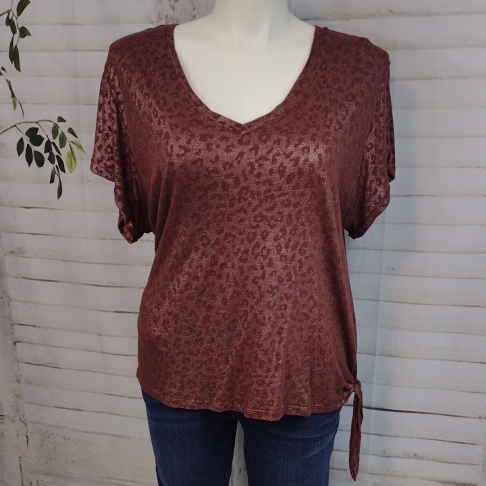 Democracy Leopard Print Metallic Brown Short Sleeve Tee Side Tie Size 2X